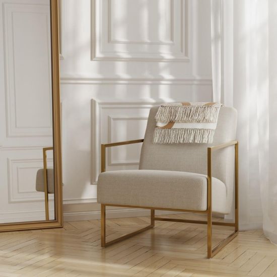 Zara Armchair - Beige Tweed Fabric Seat - Gold Metal Frame