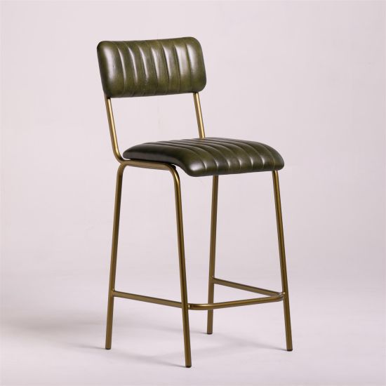 Diner Bar Stool - Green Real Leather Seat - Antique Brass Metal Frame - 66cm