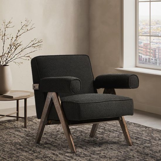 Lorenzo Accent Armchair - Charcoal Boucle Fabric Seat - Brushed Wood Frame