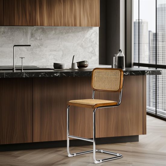 Cesca Inspired Bar Stool - Brown Cane Seat - Metal Chrome Frame - 64cm