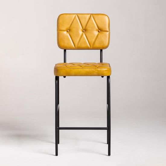 Curzon Bar Stool - Yellow Real Leather Seat - Black Metal Frame - 66cm