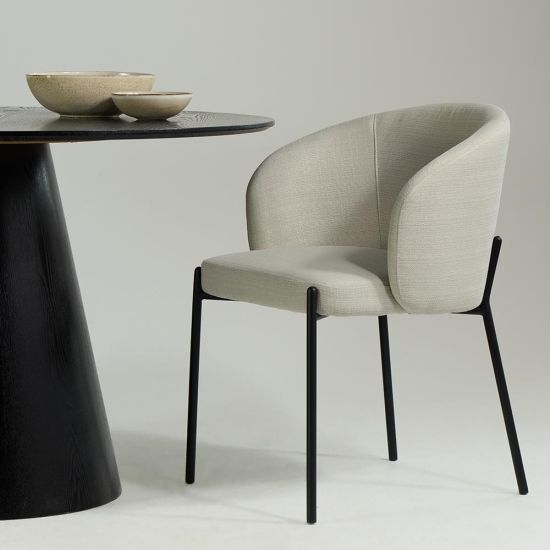 Tuka Dining Chair - Beige Fabric Curved Seat - Black Metal Legs