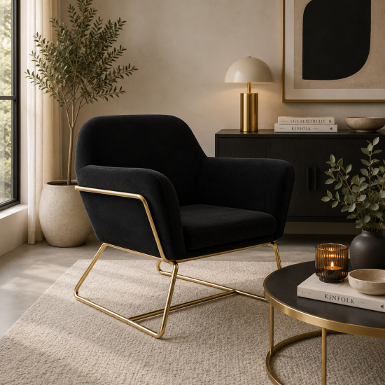Troy Armchair - Black Velvet Fabric Seat - Brushed Gold Metal Frame