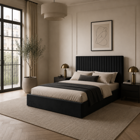 Luna Ottoman Storage King Size Bed - Soft Black Velvet Frame - Tall Headboard