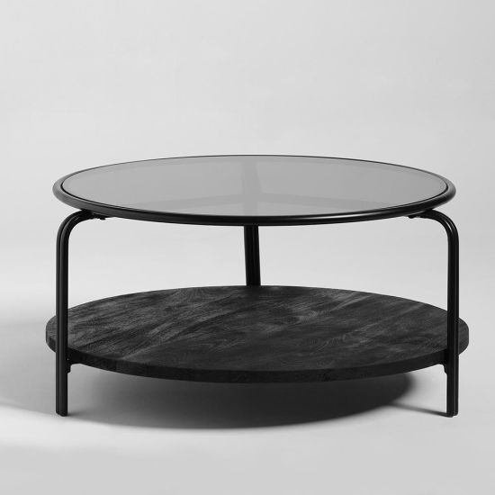 Zenith Coffee Table - Round Glass Top - Black Mango Base - Metal Frame - 84cm