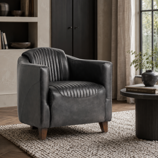 Piccadilly Armchair - Antique Black Real Leather Seat - Wood Feet