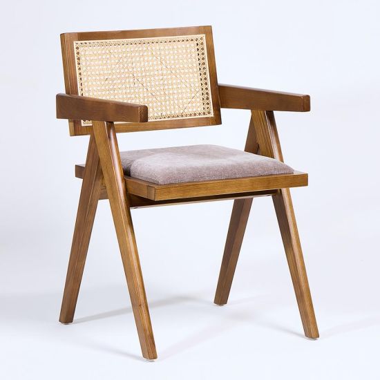 Adagio Inspired Dining Chair - Natural Fabric Seat & Cane Backrest - Walnut Frame