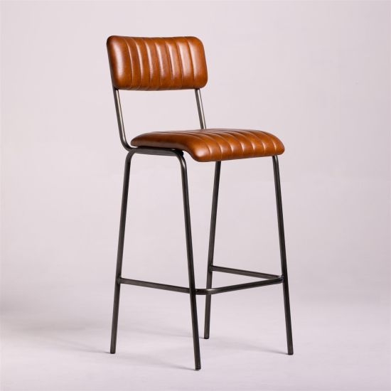 Diner Bar Stool - Tan Real Leather Seat - Grey Metal Frame - 75cm