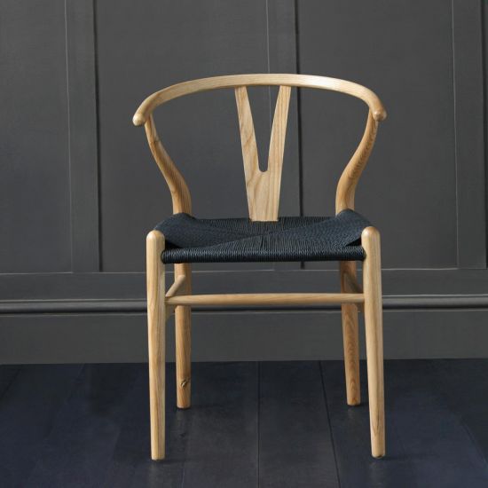 Wishbone Dining Chairs Hans Wegner Reproduction Natural /Ash and Black Seat
