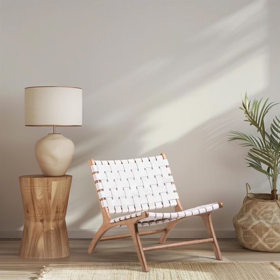 London Lazy Accent Chair - Real White Leather Straps - Teak Base