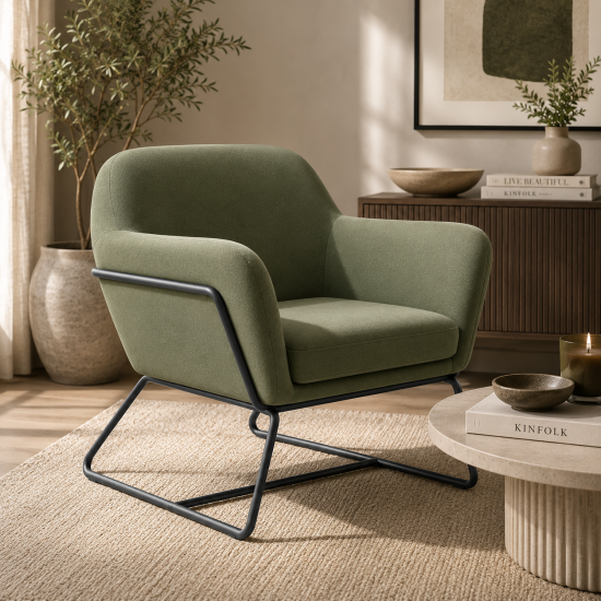 Troy Armchair - Sage Green Velvet Fabric Seat - Matt Black Metal Frame