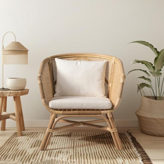 Shore Armchair - White Upholstered Cushioned Seat - Wicker Rattan Tub Frame