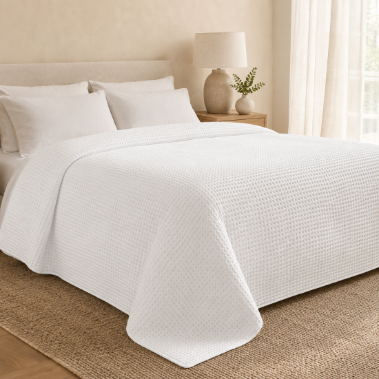 White Waffle Cotton Bedspread - 2.5 x 2.6m Bed Runner