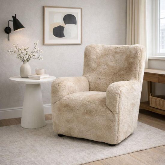 Lobo Armchair - Beige Faux Fur Fabric Seat - Black Wood Feet