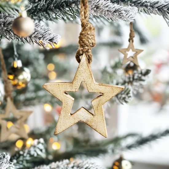 Christmas Decoration Star - White Wash Wooden Hanging Ornament - 26cm