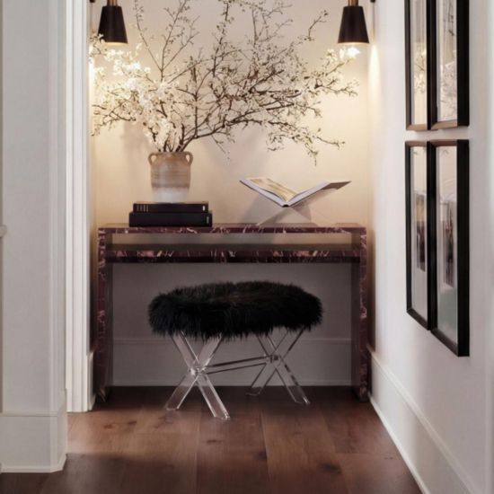 OTI Cavallo Low Stool - Faux Jet Black Fur Stool - Clear Acrylic X Bench Frame