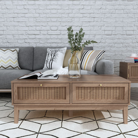 Lille Coffee Table - Weave Rattan 2 Drawers - Oak Natural Wood Grain