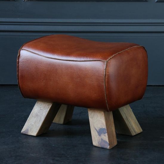 Pommel Footstool - Tan Real Leather Seat - Natural Legs