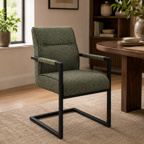 Harlow Dining Armchair - Desert Sage Fabric Seat - Black Cantilever Metal Frame - Set of 2
