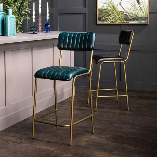 Diner Bar Stool - Blue Real Leather Seat - Antique Brass Metal Frame - 66cm