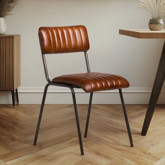 Diner Dining Chair - Tan Real Leather Seat - Natural Metal Frame