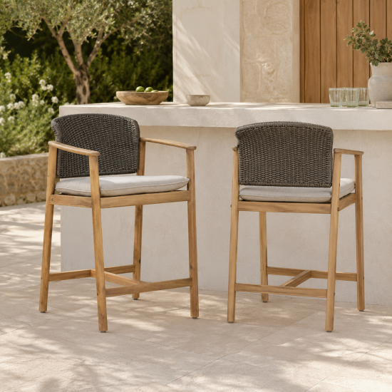 Jakarta Bar Stool - Charcoal Woven Back - Grey Cushion Seat - Acacia Frame - 66cm