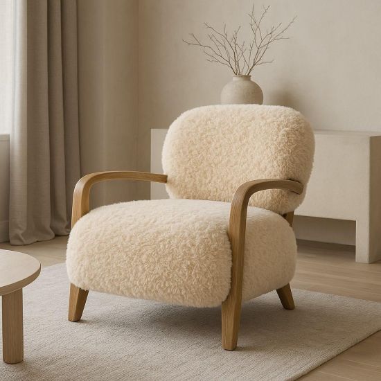 Eskimo Accent Armchair - Faux Sheepskin Yak Fur - Solid Oak Frame