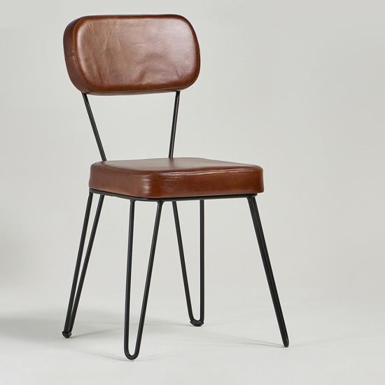 Hairpin Dining Chair - Brown Real Leather Seat - Black Base