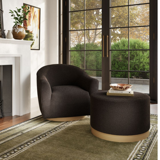 Opal Round Pouffe - Black Boucle Large Seat- Natural Base