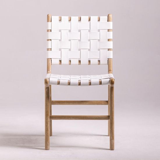 London Dining Chair - White Real Leather Strap Seat - Teak Frame
