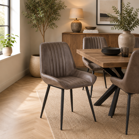 Brooklyn Dining Chair - Grey Leather Seat - Black Metal Base
