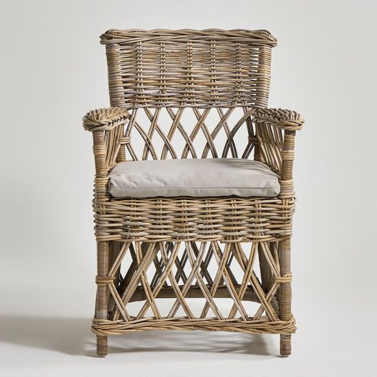 High Back Armchair - Grey Cushioned Seat - Natural Rattan Weave Frame