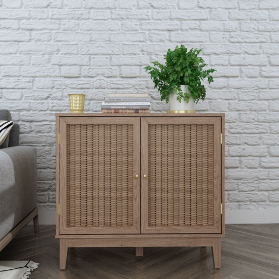 Lille Small Sideboard - Weave Rattan 2 Doors - Oak Natural Wood Grain