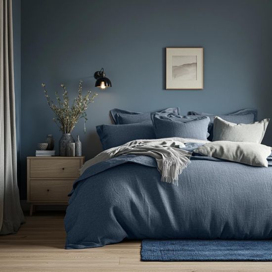 Duvet Cover & Pillowcase Set - Denim Blue - Washed Cotton - Super King