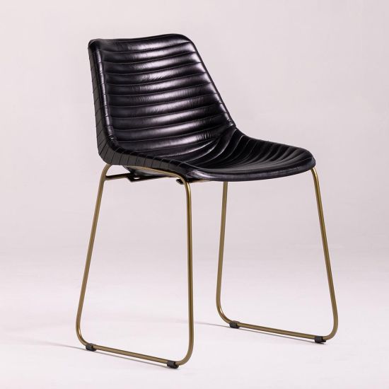 Deluxe RH Dining Chair - Black Ribbed Real Leather Seat - Gold Base