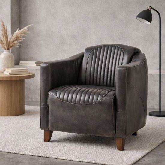 Piccadilly Armchair - Curved Antique Black Real Leather Seat - Wood Feet