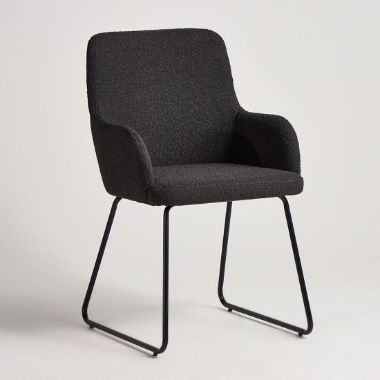 Grand Dining Chair - Dark Grey Boucle Fabric Seat - Black Metal Base