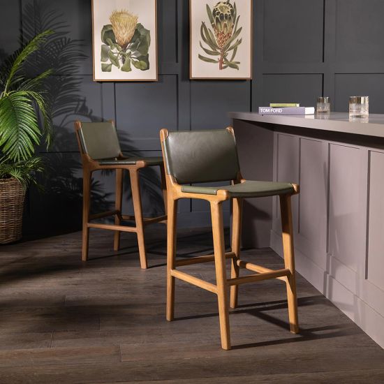 London Sling Bar Stool - Green Leather Seat - Teak Frame - 64cm