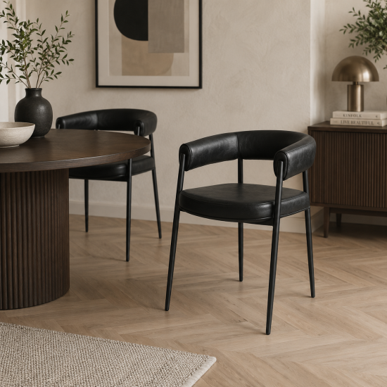 Skipper Dining Chair Set of 2 - Black PU Leather Seat - Metal Base