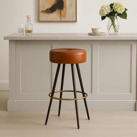 Crompton Bar Stool - Tan Round Leather Seat - Pewter Base - 75cm