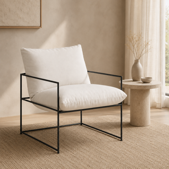 Parker Accent Chair - White Fabric Cushion Seat - Black Metal Frame