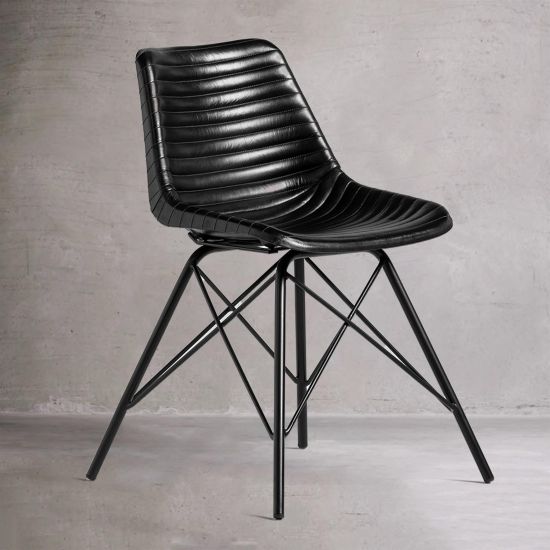 Cross Leg Dining Chair - Black Ribbed Leather Seat - Black Base