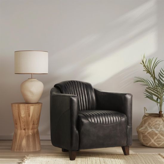 Piccadilly Armchair - Curved Antique Black Real Leather Seat - Wood Feet