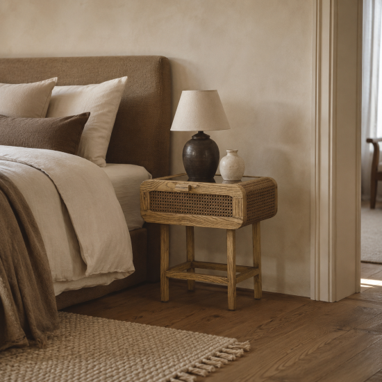 Alexis Bedside Table - Oak Frame - Rattan Drawer - Glass Top