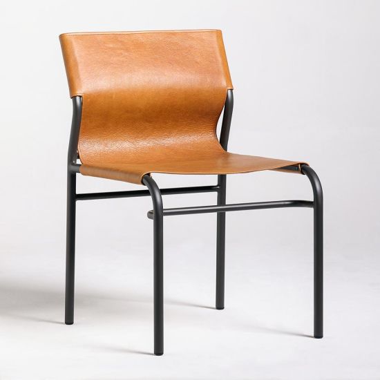 Maverick Dining Chair - Tan Real Leather Sling Seat - Black Base