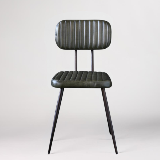 Memphis Dining Chair - Green Real Leather Ribbed Seat - Pewter Base