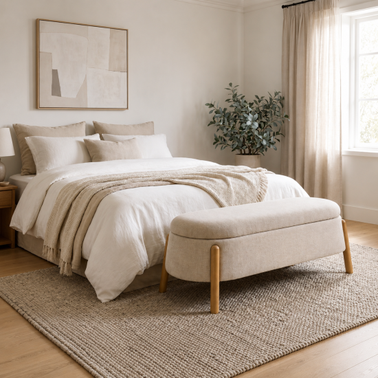 Bailey Storage Ottoman - Linen Fabric - Solid Ash Wood Legs