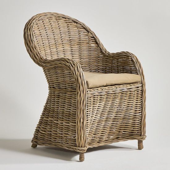 Libby Armchair - Grey Cushioned Seat - Natural Rattan Wicker Round Frame
