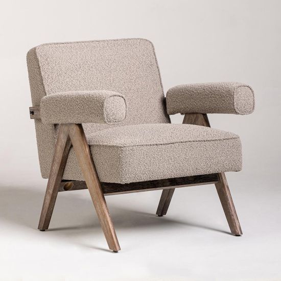 Lorenzo Accent Armchair - Greige Boucle Fabric Seat - Brushed Wood Frame