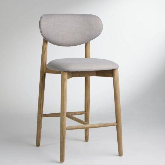 Eve Bar Stool - Grey Fabric Oval Seat - Natural Elm Frame - 66cm